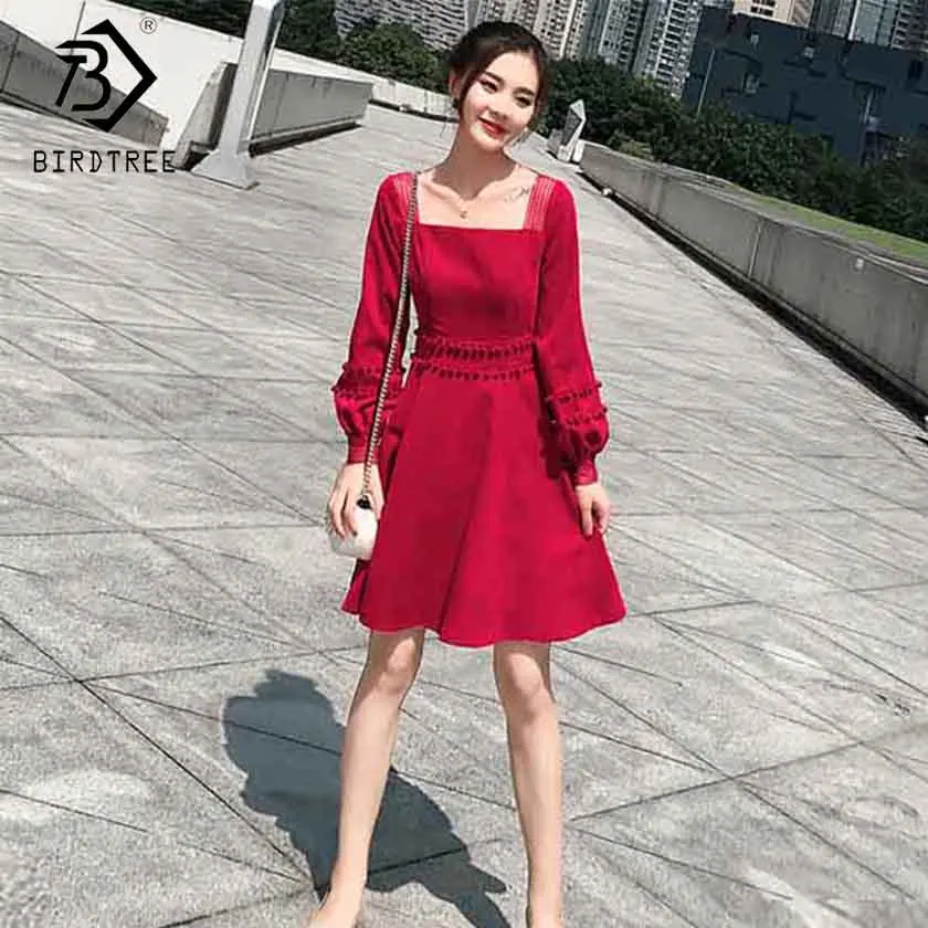 

New Women Solid Sexy Backless Tassel Dress Square Collar Lace Long Lantern Sleeve Elegance High Waist Office Lady Dress D91807I