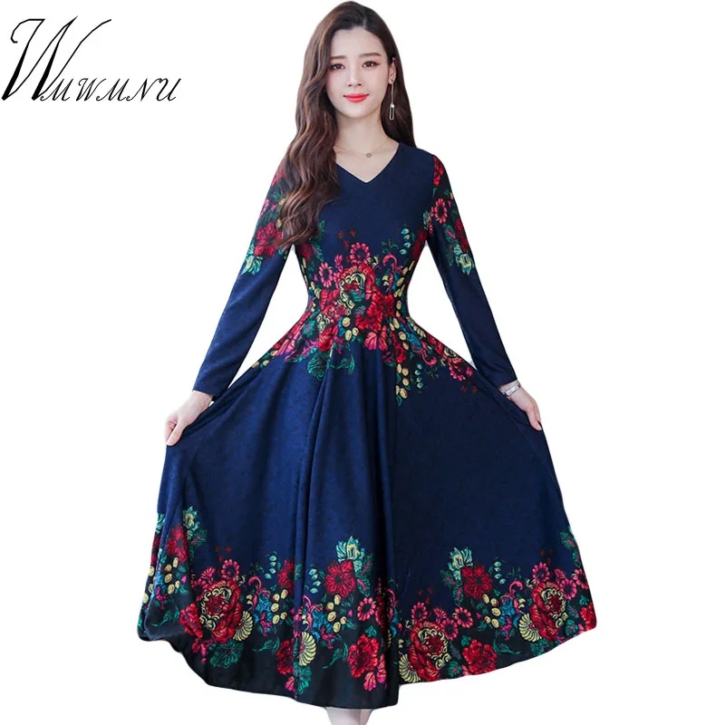 

Women Fashion Print V-Neck Dress Hot Sale Long Sleeve Autumn Winter Retro Dress High Quality Plus Size 5XL Evening Party Dress