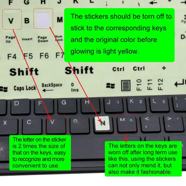 SR Luminous English Full Keyboard Sticker Film Glow in the Dark Capital Letters Sticker with 2 Fonts