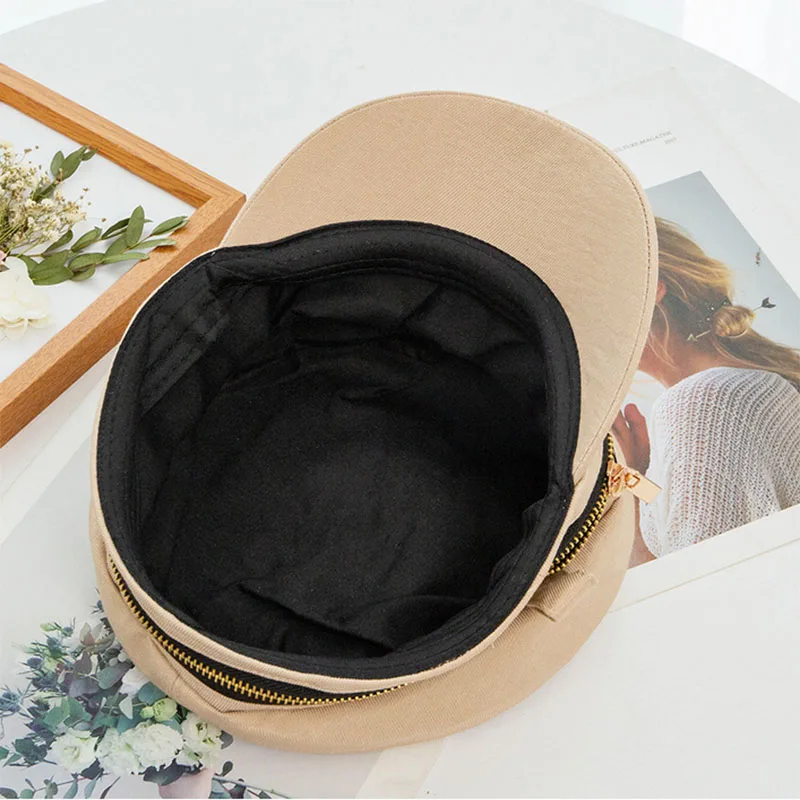 New Autumn Newsboy Hats Caps For Women Zipper Flat Top Caps Visor Fashion Cotton Solid Color Military Caps
