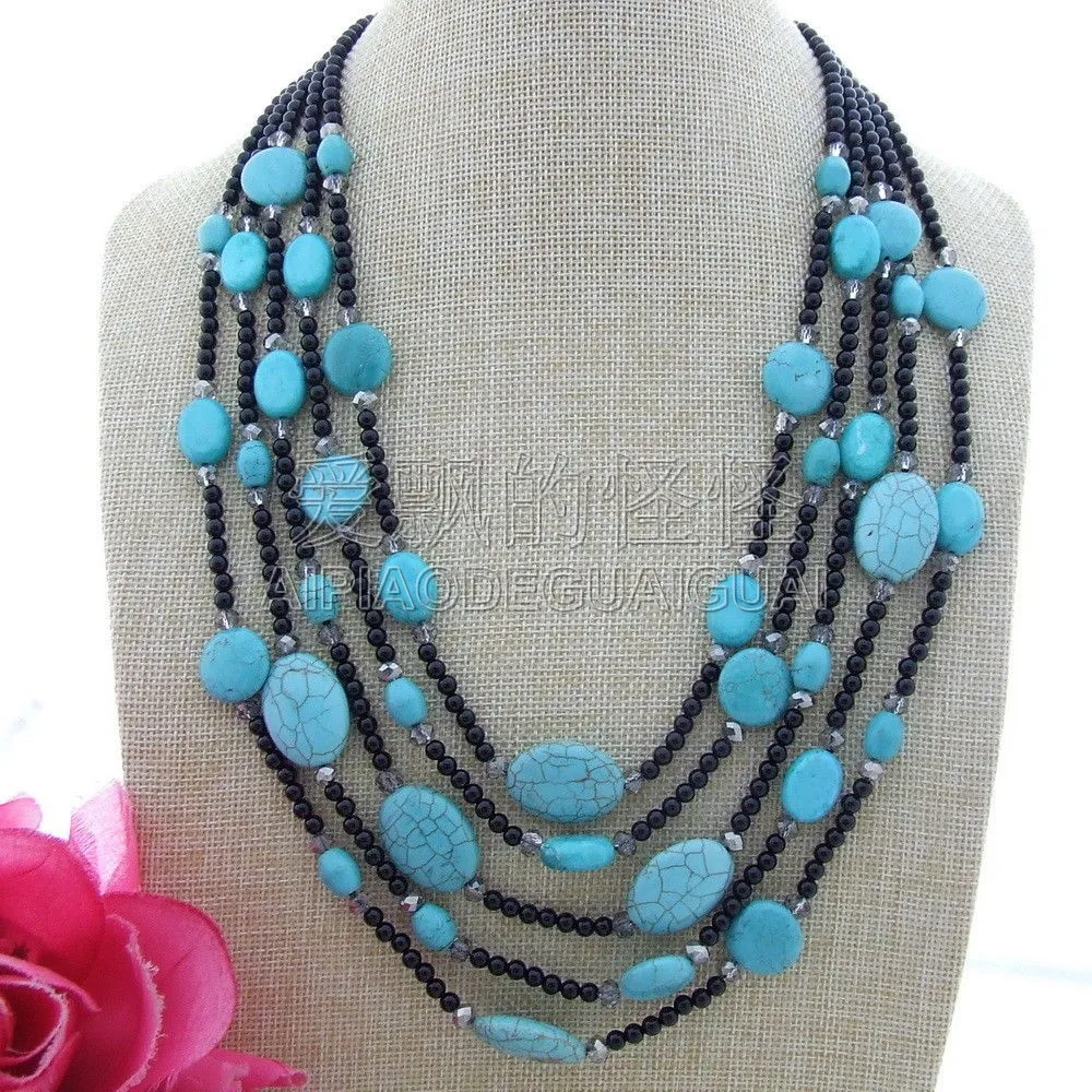 

N013037 22" 5 Strands Oval Blue Gems Onyx Necklace