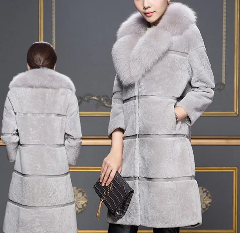 

Sheep shearing 2018 autumn winter new product stitching fur in one long style imitation fox fur collared coat fur coat female