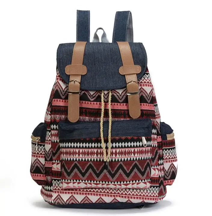 

New ethnic style Canvas women's backpack shoulder bag denim color backpack large capacity drawstring student bag