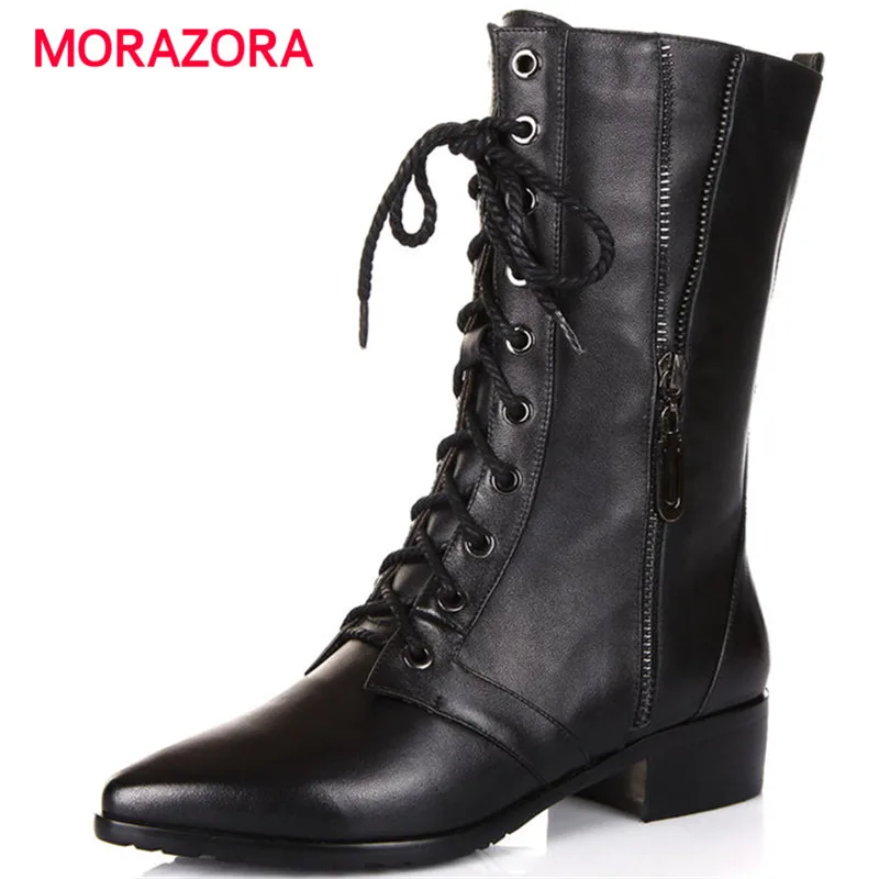 

MORAZORA 2018 new autumn winter lace up genuine leather boots pointed toe square heel women boots cross tied med heel boots