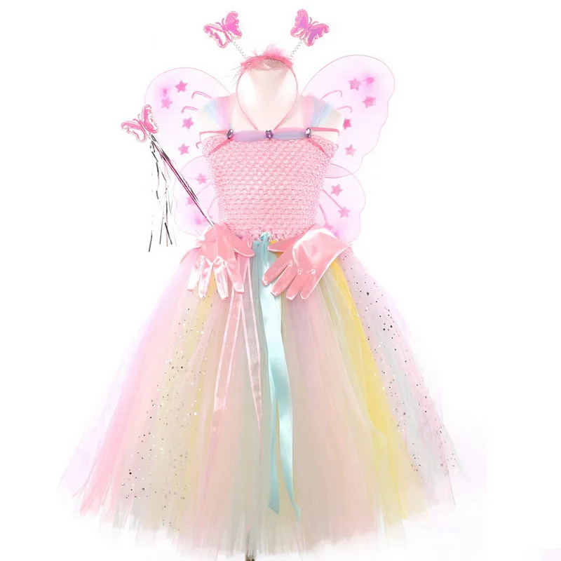 Радужная пачка из тюля, костюмы, повязка на голову, перчатки с крыльями бабочки, волшебная палочка, комплект из 4 предметов, Детские вечерние платья принцессы на Хэллоуин
