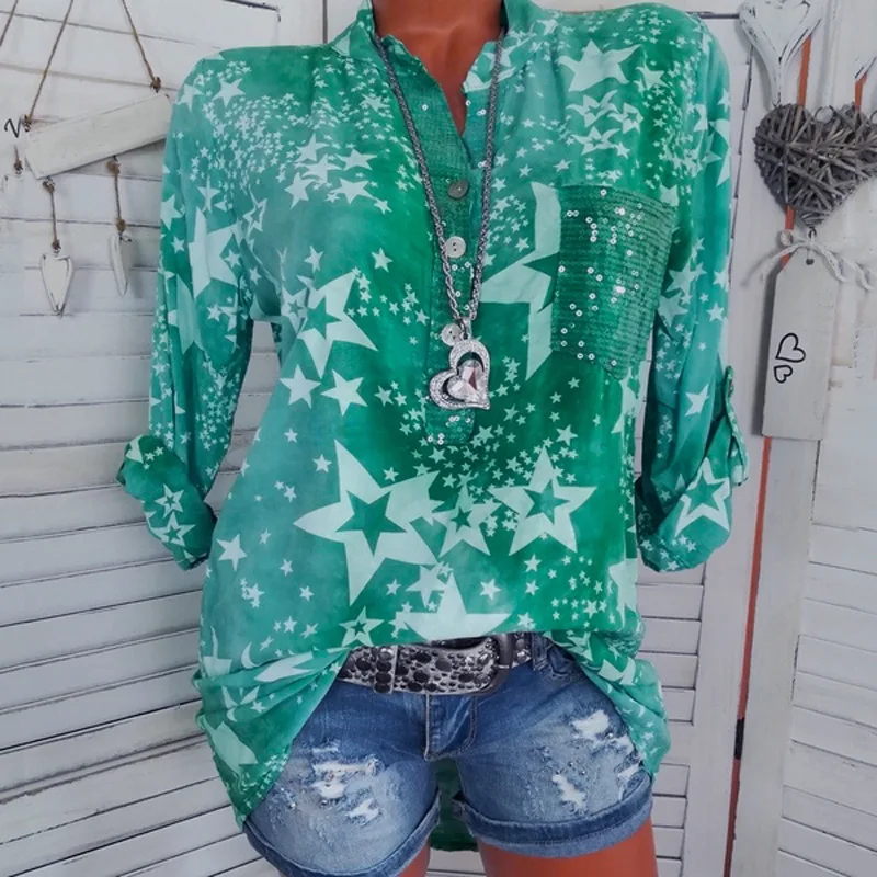 Large size women's printed shirt 2019 autumn new long-sleeved tops five-pointed star collar button pullover Blouses