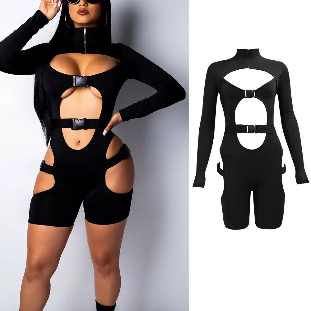 

2019 Sexy Hollow Fashion Bodysuit Women Ladies Clubwear Shorts Playsuit Bodycon Party Jumpsuit Female Solid Color Romper Outfits