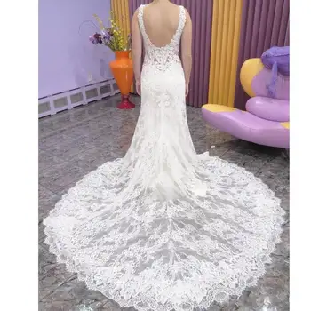 

Lace Mermaid Wedding Dresses sexy V neck Illusion Train Boho Wedding Dress Gown Sofuge Vestido De Noiva Dubai Arabic Suknia Slub