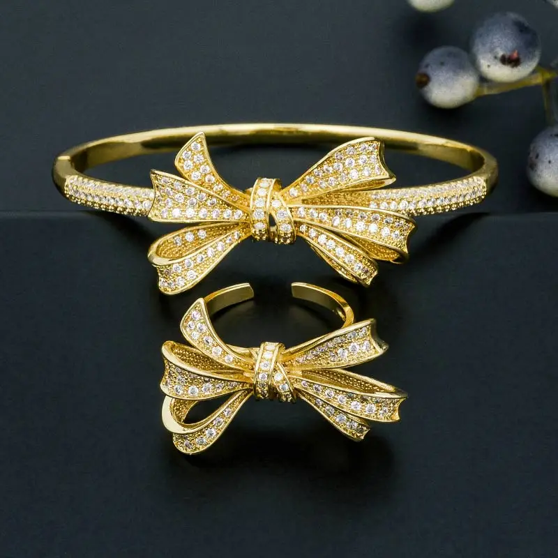 

ModemAngel Luxury Bow Line AAA Cubic Zirconia Copper Women Dubai Wedding Engagement Wedding Party Bracelet Bangles And Ring Set