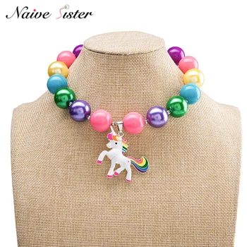 

New Fashion Multicolor Unicorn Necklaces for Children Kids Christmas Gifts Kid Chunky Necklace Bubblegum Bead Handmade Jewelry