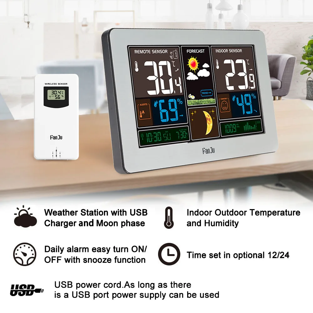 FanJu FJ3378 Wireless Weather Station Wall Digital Clock Barometer Thermometer Hygrometer Sensor Forecast Colorful LCD Display thermometer hygrometer digital thermometer temperature and humidity meter digital wall clock temperature sensor hygrometer thermometer
