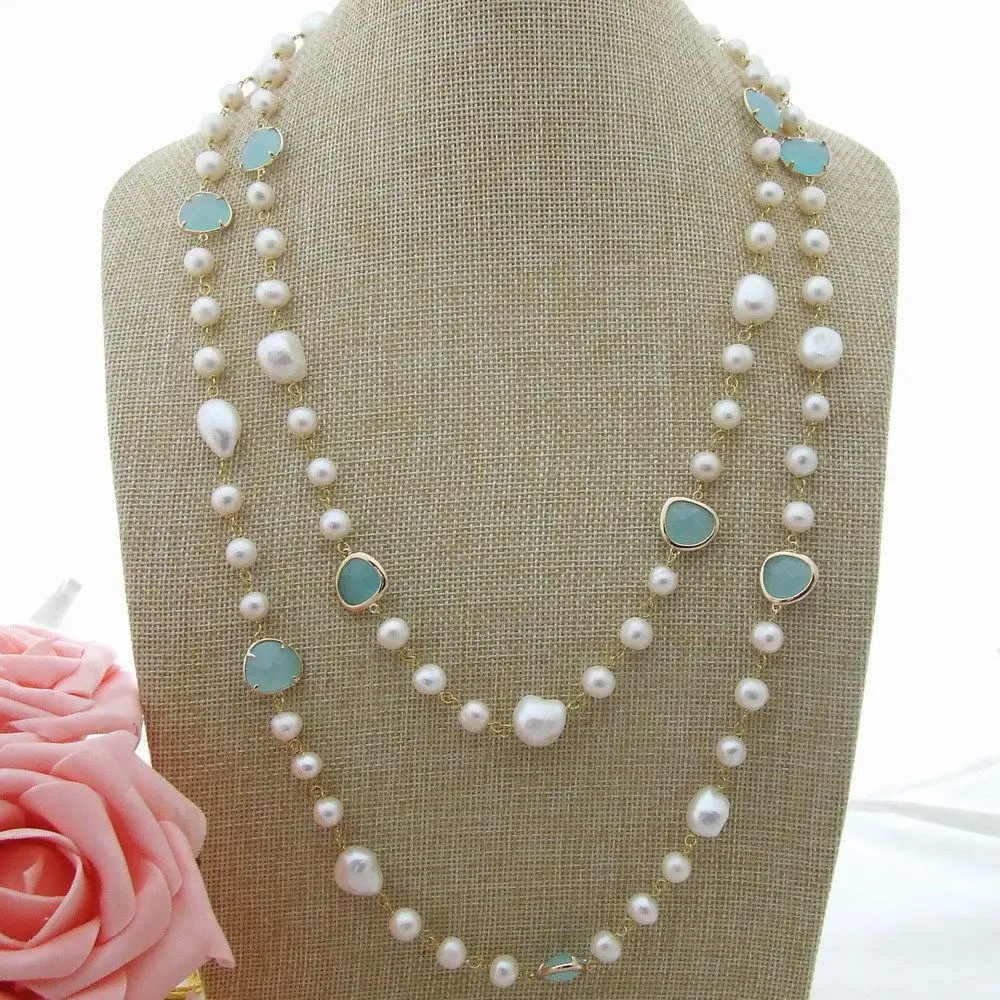 

FC122901 15MM White Baroque Keshi Pearl Blue Crystal Necklace 44