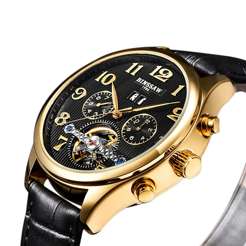 BINSSAW الرجال الأصلي العلامة التجارية الفاخرة توربيون التلقائي ساعات آلية أزياء والجلود ووتش الأعمال الهدايا Relogio Masculino