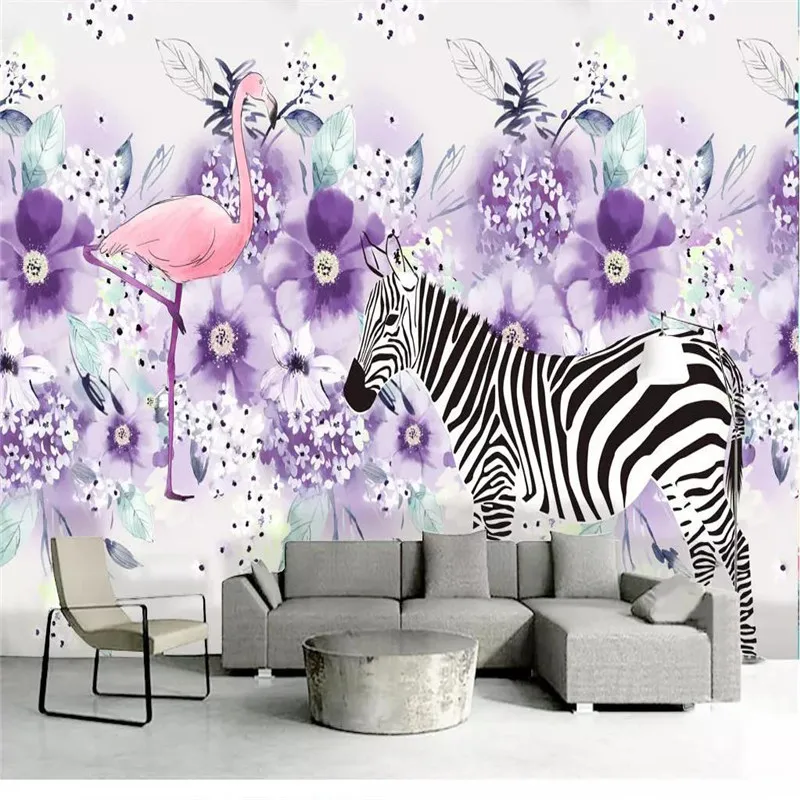 

Custom 3d wallpaper Nordic fresh hand-painted zebra moving purple flower plant decorative painting background wall