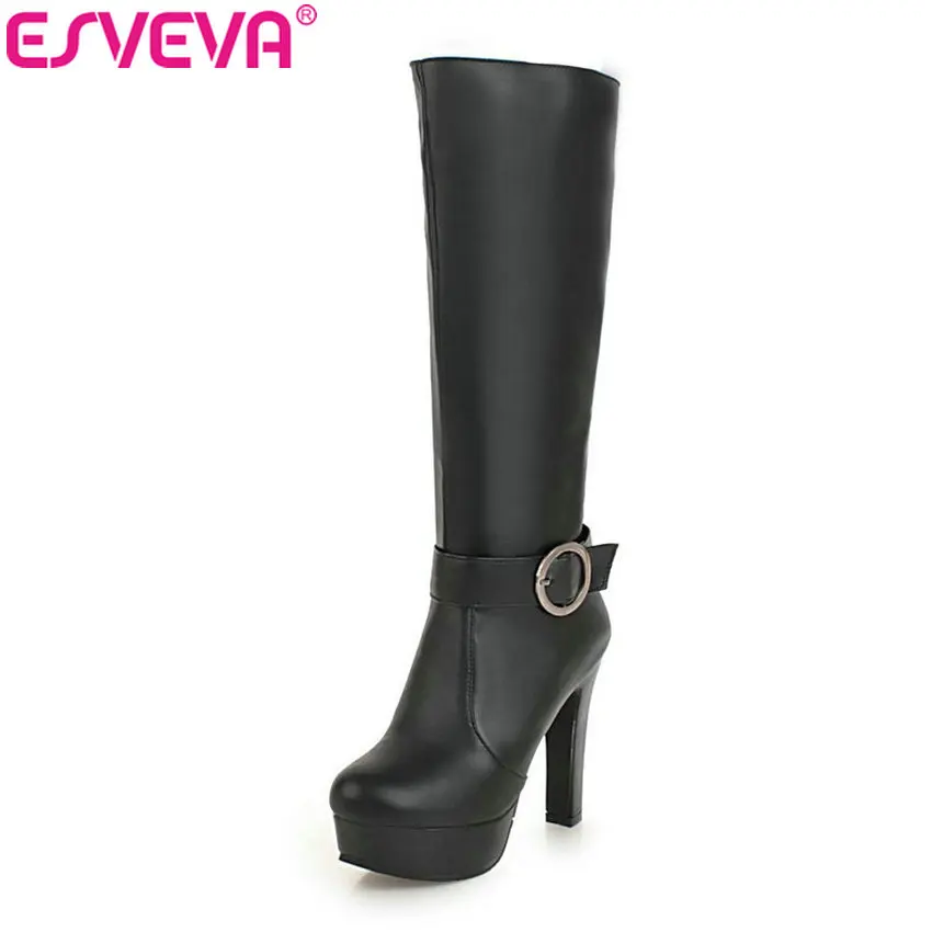 

ESVEVA 2019 Women Knee-high Boots Platform 3.5cm Square High Heels Motorcycle Boots Round Toe Autumn Zip Woman Shoes Size 34-43