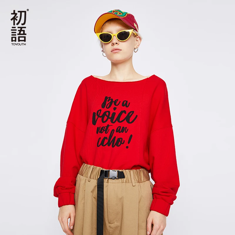  Toyouth Loose Letter Printing Sewatshirts for Women Off The Shoulder Female Pullovers Chic Base Top