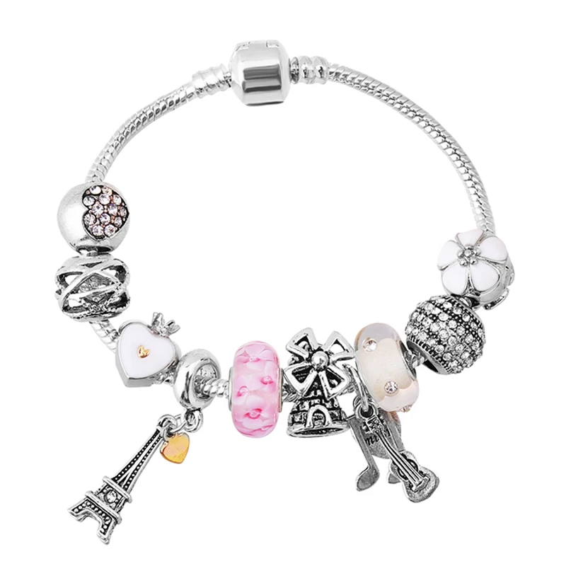 

New Silver Pendants Bracelet & Bangle with Eiffel Tower Beads & Charms Christmas Bracelets for Women Brand Jewelry