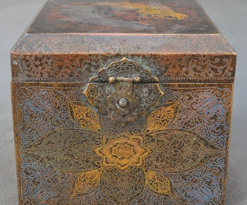 

6" Old China Dynasty pure Bronze Phoenix Lucky Bird Statue Storage Box Container