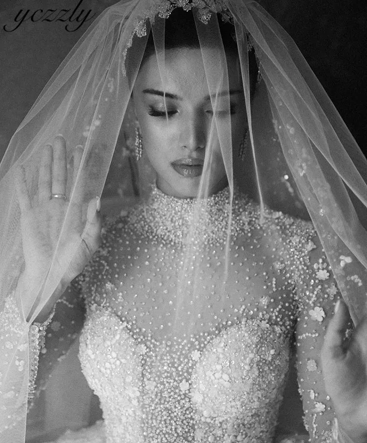 Роскошное Свадебное платье сексуальное Illudion с высоким воротником, со стразами и жемчугом Аппликации бальное платье Арабские свадебные платья одежда с длинным рукавом; обувь под свадебное платье для невесты