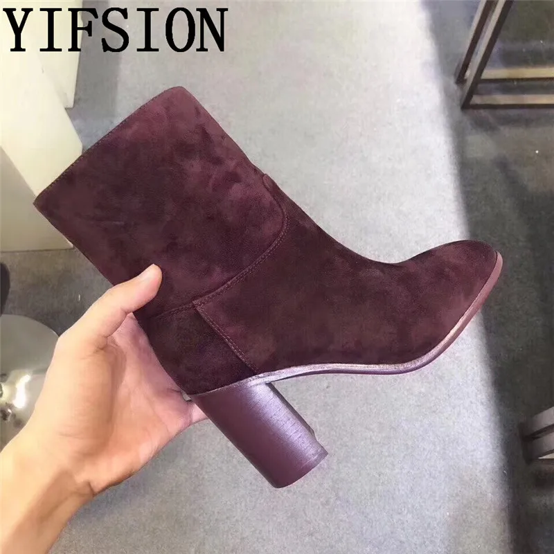 

OLOME New Black Genuine Leather Women Boots Round Toe Side Zip Metal Chunky High Heel Women Autumn Ankle Boots Shoes Woman