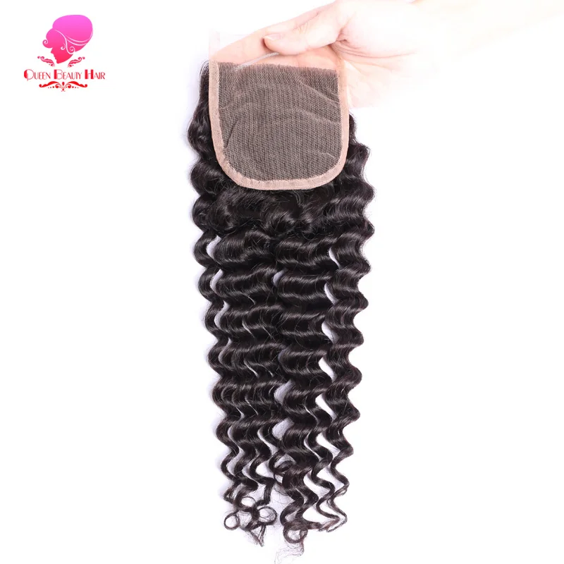 

QUEEN BEAUTY HAIR Brazilian Lace Closure Deep Wave 4x4 Remy Human Hair Free Part Closure Bleached Knots With Baby Hair