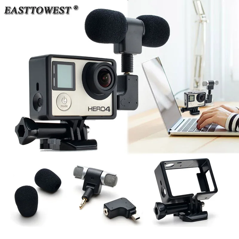 

Easttowest 3.5mm External Mini Stereo Microphone Mic + Adapter + Standard Frame Accessories for Go pro Hero 4 3+ 3 Action Camera