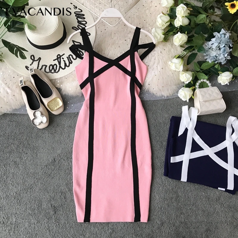 

Off Shoulder Knitted Dress Club Sexy Bandage Party Wrap Summer V Neck Korean Backless Short Spaghetti Strap Women Vestidos