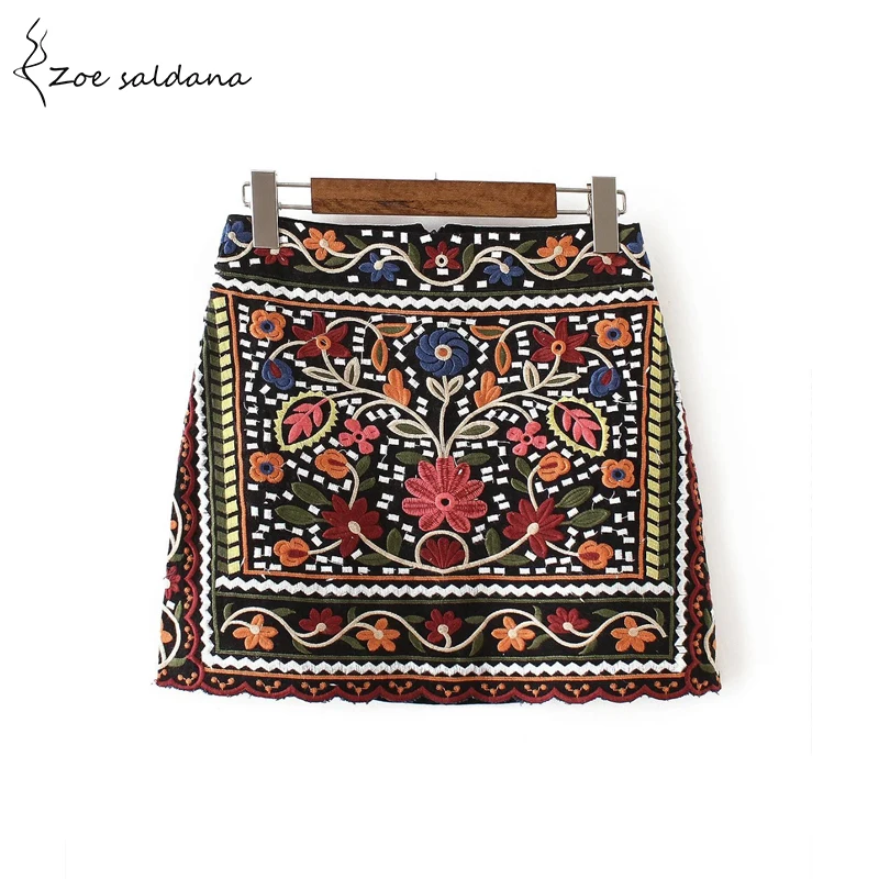 Koop Zoe Saldana 2018 Rok Vintage Korte Rokken Vrouwen Bloemen Borduren Rok Hoge Taille Rits Casual Mini Rokken