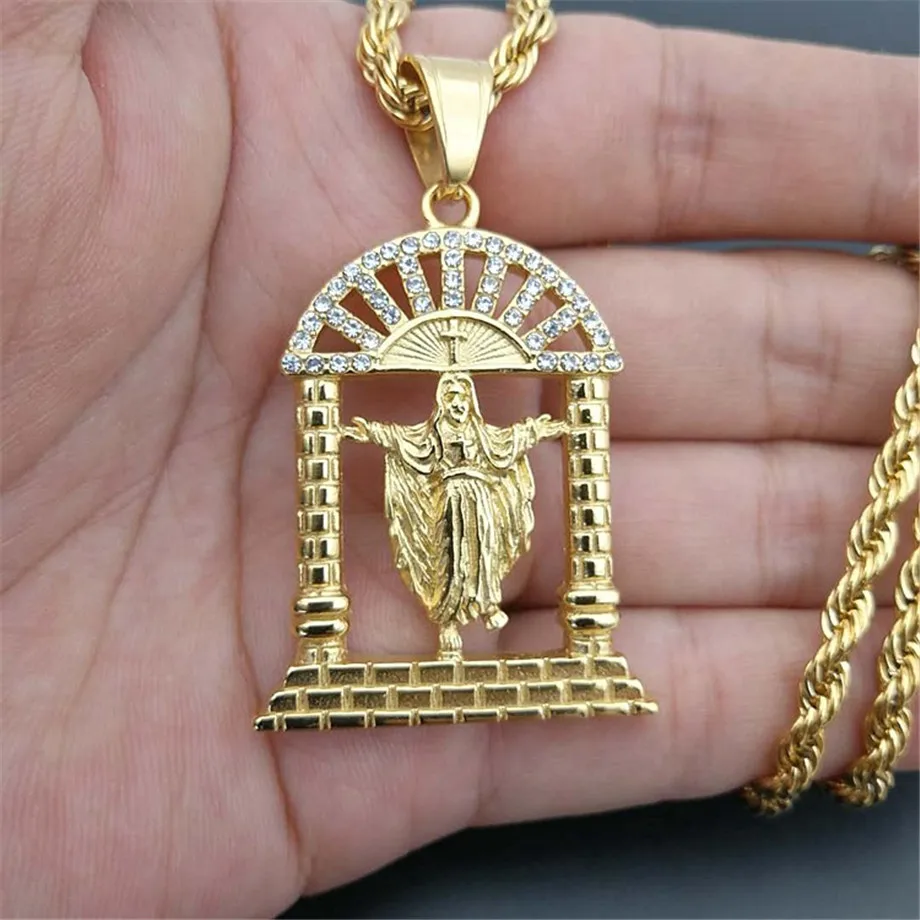 

Hip Hop Iced Out Jesus Cross Pendant With Rope Chain Gold Color Stainless Steel Rhinestone Necklaces Christian Jewelry XL1229