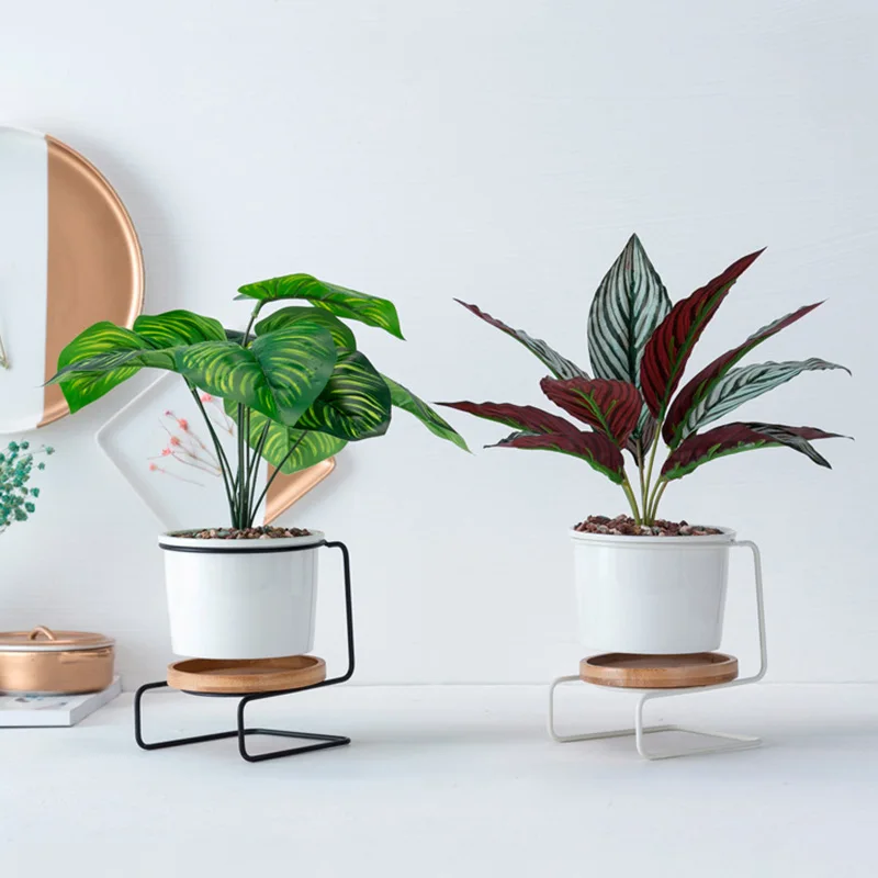 

3pcs Minimalist Ceramic Iron Flower Pots Succulent Plant Pots with Bamboo Stand Iron Metal Shelf Set Home Garden Decor