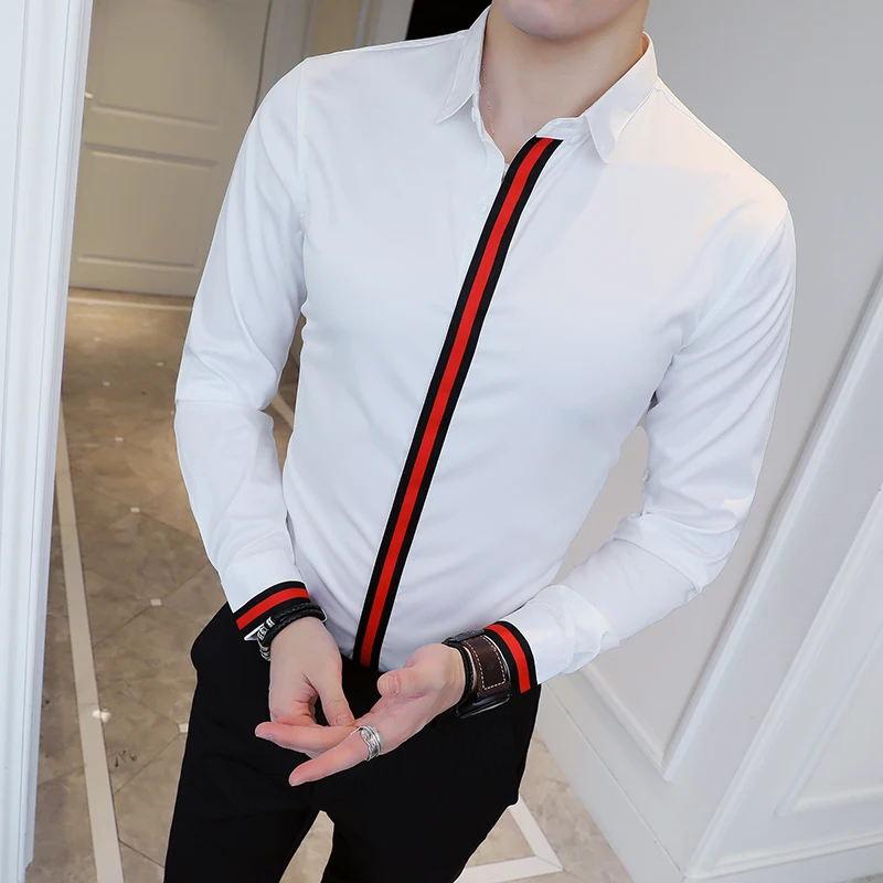 

Spring And Autumn Men Shrit Fashion Placket Ribbon Long Sleeve Casual Shirts Chemise Homme Party Prom Wedding Shirt Men