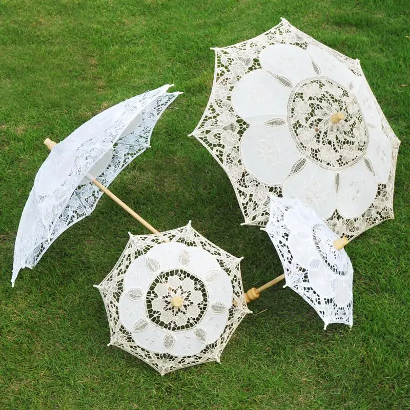26cm/43cm Wooden Handle Embroidered Sunny Parasol Umbrella White Bride