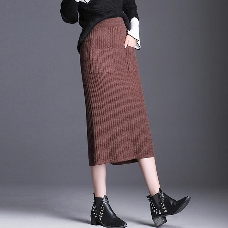 

Winter Casual Women Lady Grey Black Beige Stretch Pencil Placket Knitted Skirt , Autumn Female Woman Slim Skinny Knitting Skirts