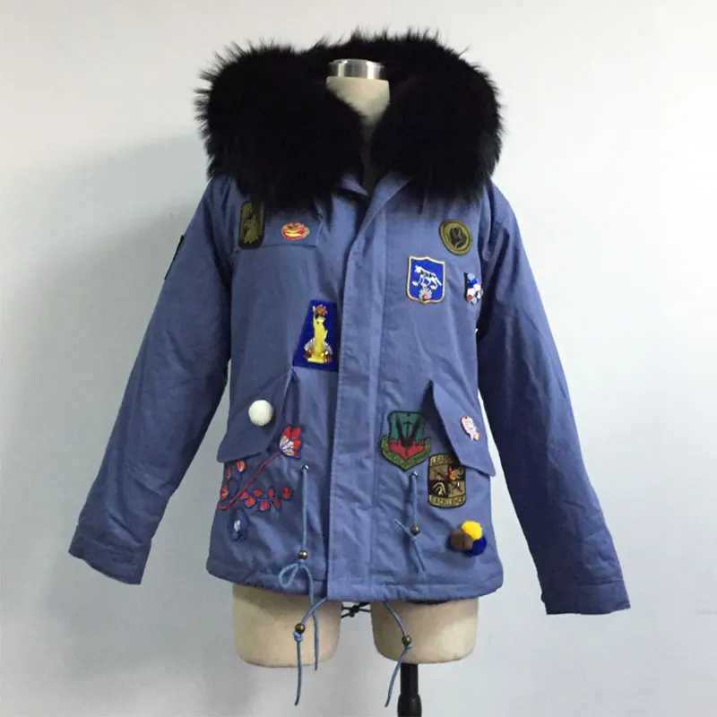 Couleur Manteau Fleur Bleu Denim Version Veste Courte Noir Collection Badge Nouvelle De Fourrure Broderie pq4tS4Y