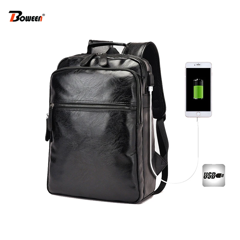 

Large Capacity black solid soft leather men backpack Multifunctional USB Charging high quality male back pack bagpack mochila