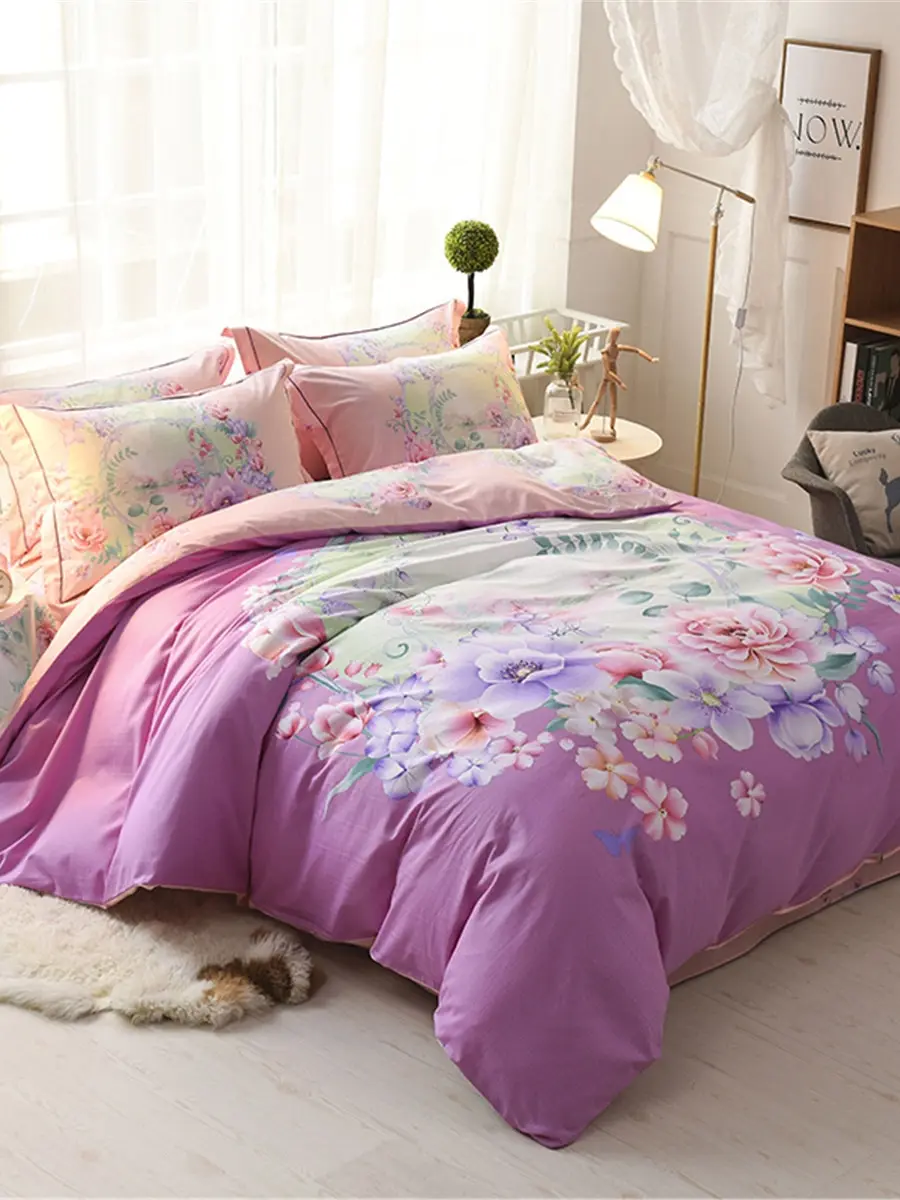 

4 Pcs Duvet Cover Set Sweet Floral Printing Stylish Comfy Bedlinens Set