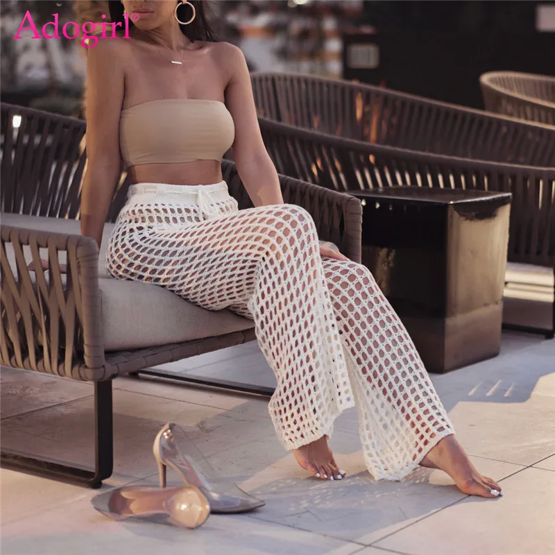 Adogirl Women Beach Flare Pants Solid Knitted Hollow Out Fishnet Wide Leg Pants High Waist Lace Up Sashes Night Club Trousers