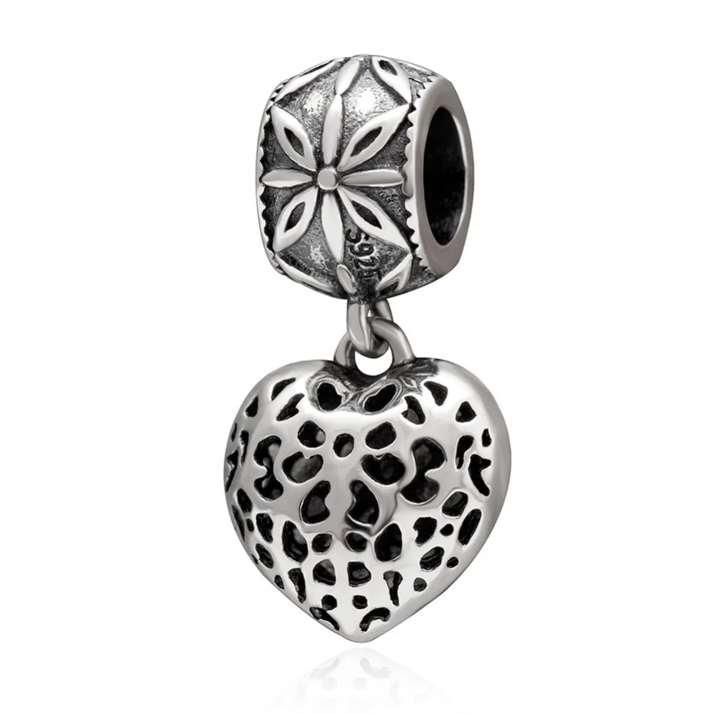 Openwork Heart Pendant Charm with Flower 925 Sterling Silver Dangle