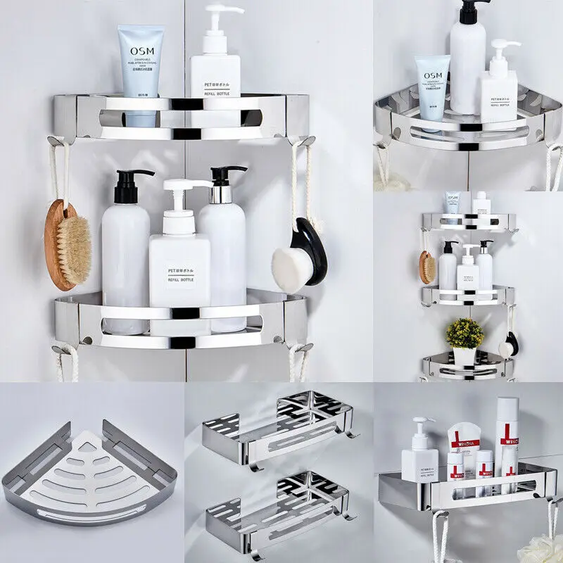 

Stainless Steel Kitchen Bathroom Shower Shelf Storage Suction Basket Caddy Rack