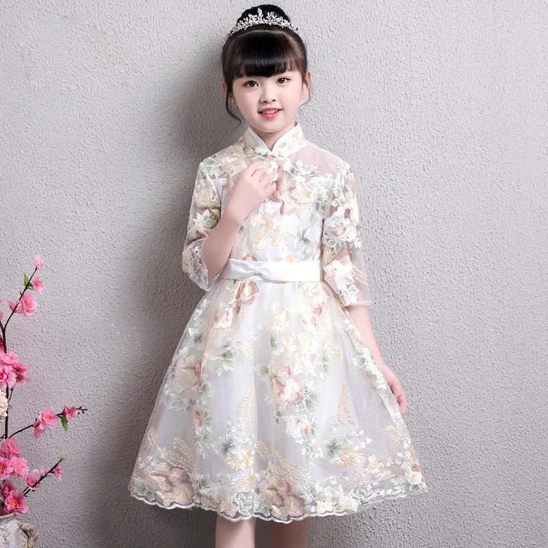 

2020Spring Autumn New Chinese Traditional Elegant Embroidery Flowers Cheongsam Dress For Children Kids Teens Birthday Dress
