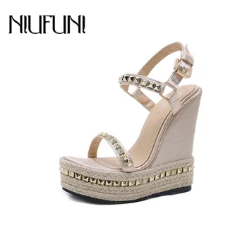 NIUFUNI Gold Ladies Sandals Platform Sandals Women Shoes Summer High Heels Shoes Ankle Strap Chaussures Femme Rivet Wedges Shoes 2017 summer women high heels sandals open toe wedges heels sandals women dress shoes ankle strap party shoes white black