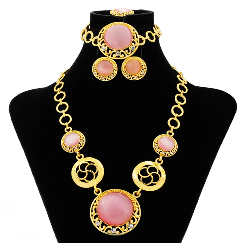 

Hot Sale Fashion Italy 24 Gold Jewelry Sets Round Shape Design AAAA Zircon Necklace Earrings Bridal Wedding Ring Accessories