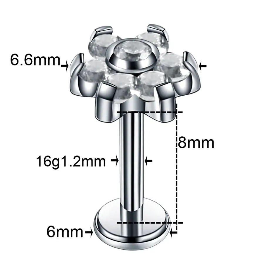1 шт. титановый кристалл цветок Кожный Якорь Топ Лабрет хряща трагус пирсинг губы Спиральные серьги CBR нос влагалище пирсинг ювелирные изделия - Окраска металла: 1.2x8x6.6mm Labret