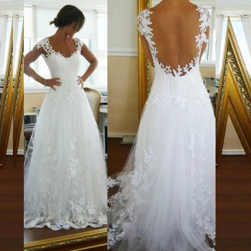 

MIAODUO 2019 Wedding Dress A-Line Lace Appliques Princess Bride Dress Sweep Train Lace Sleeveless Tulle Wedding Gowns