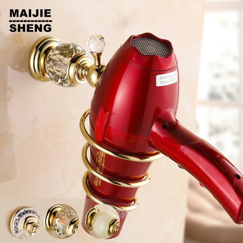 

Gold Crystal Bathroom Wall Shelf Wall-mounted Hair Dryer Rack Storage Hairdryer Support Holder Spiral Stand Holder accessory