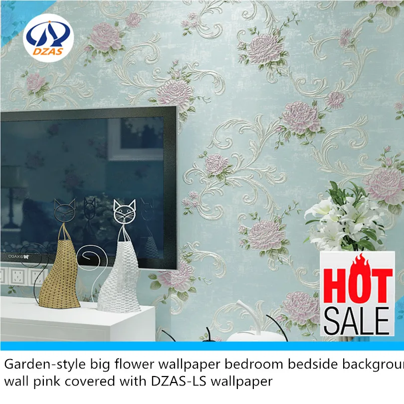 Garden style big flower wallpaper bedroom bedside background wall pink