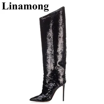 

Black Bling Bling Sexy Pointed Toe And Thin High Heel Winter Boots Fashion Knee-High Side Zipper Women Long Boots Party Shoes