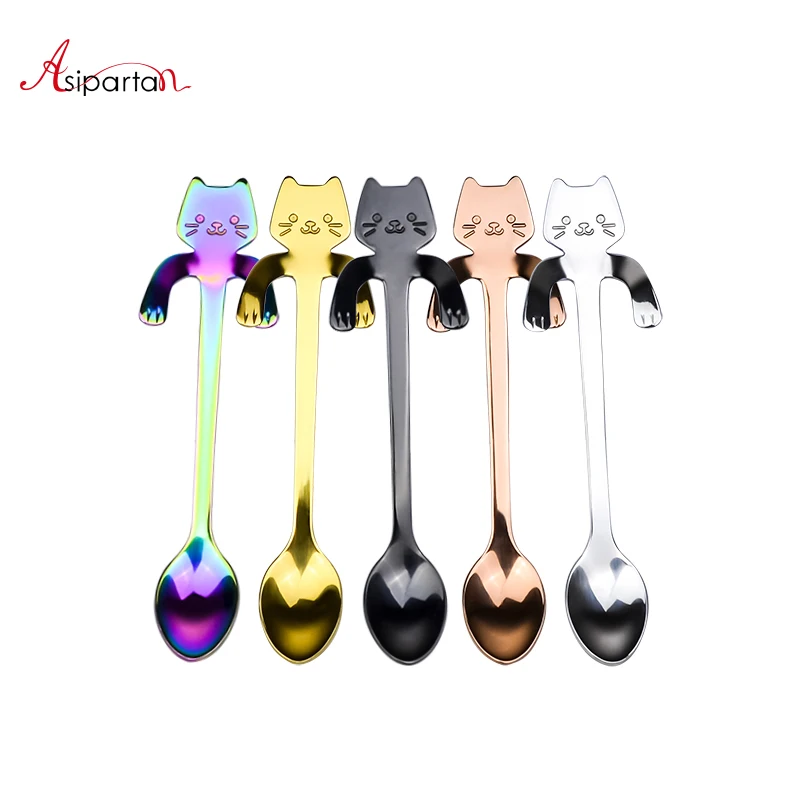 

Asipartan Stainless Steel Cartoon Cat Coffee Spoon Hangable Coffee Stirring Scoops For Dessert Cake Sugar Tea Spoons Cafe Tool