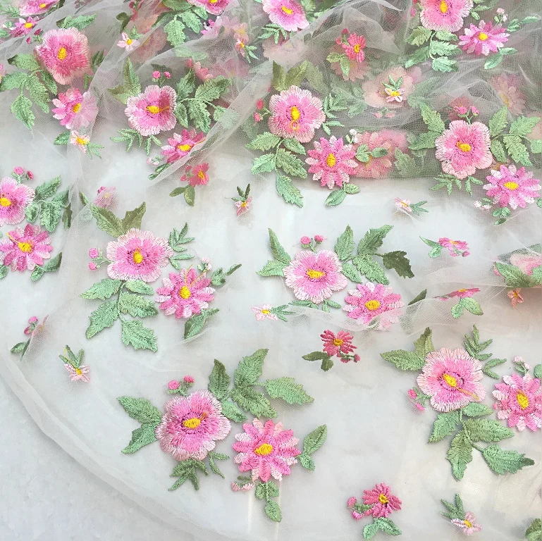 

colour flowers lace Yarn fabric 3D Embroidered Chiffon fabric European yarn lace cloth for dress DIY 1 order=1meter