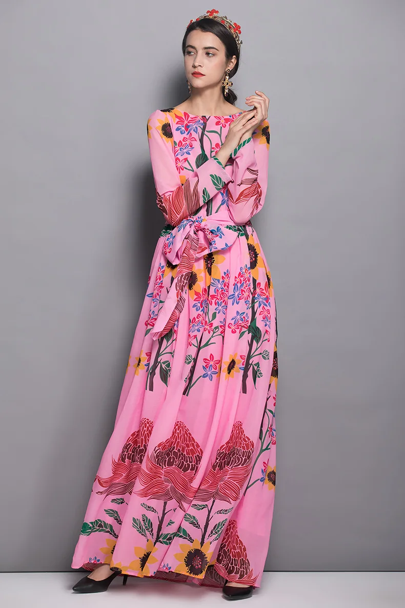 Qualité Floral Maxi Femmes Piste Parti Mode Haute Imprimé Robe D405 Rose Longues Boho Automne 2018 Manches Conception De fdRHq1